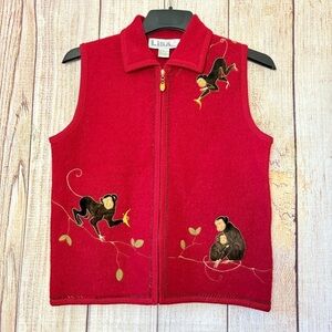 Lisa international Charming Vintage-Style Red Wool Monkey Appliqué Vest size S